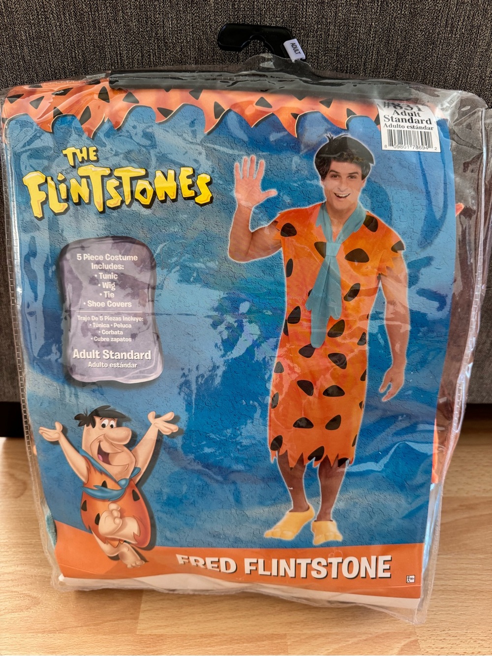 Fred Flintstone Adult Orange Costume with Blue Tie - 5 pcs new
